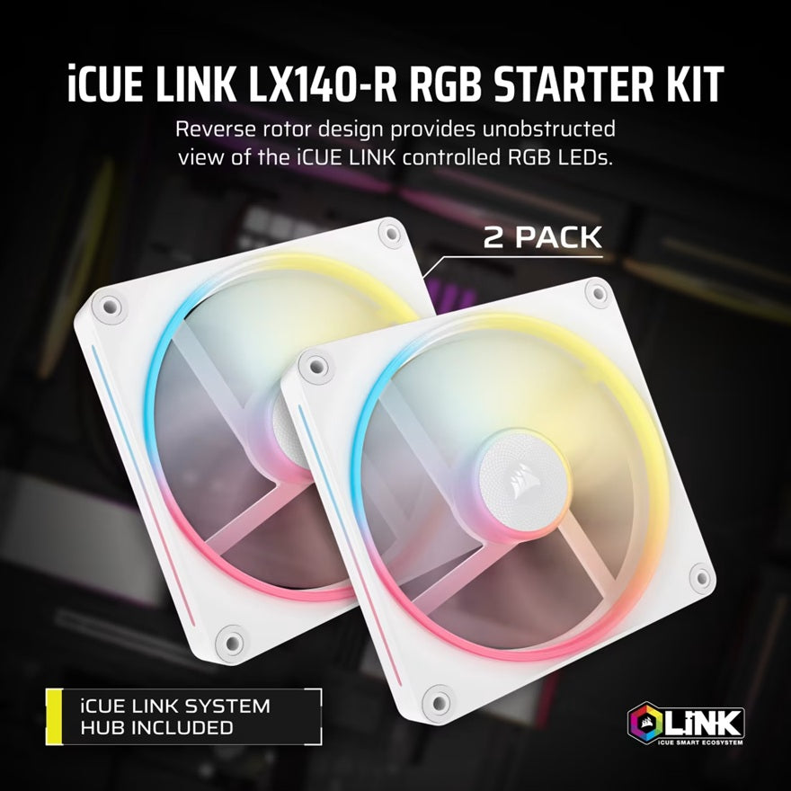 Corsair LX140-R iCUE LINK RGB 140mm Reverse Fan Dual Pack - White Corsair