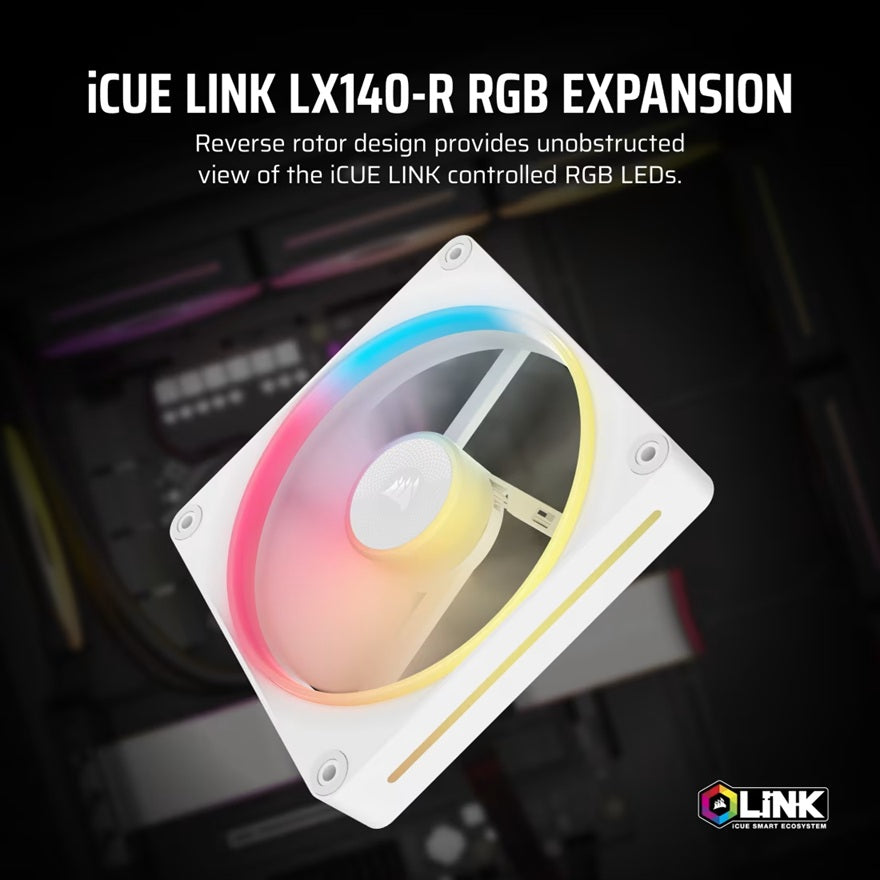 Corsair LX140-R RGB 140mm Reverse Fan - White, iCUE LINK Single Pack Corsair