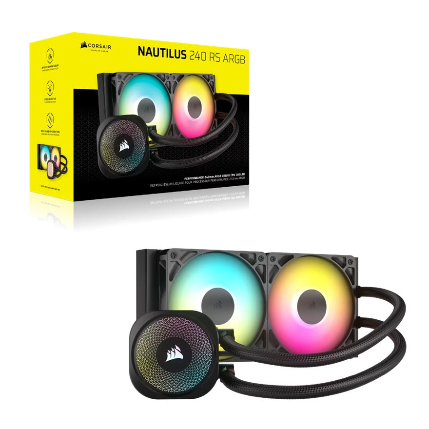 Corsair NAUTILUS 240 RS ARGB Liquid CPU Cooler - Black 240mm Rad, 2x PWM fans, RGB, Copper Cold Plate, 400mm T