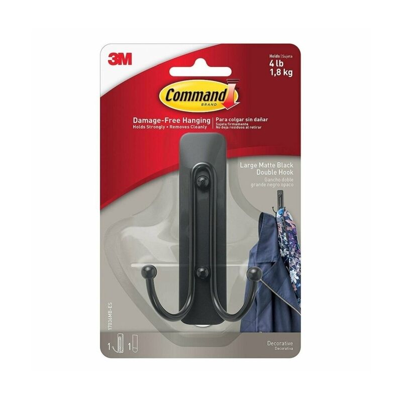 Command Double Hook - Large Matte Black (4-Pack) Command