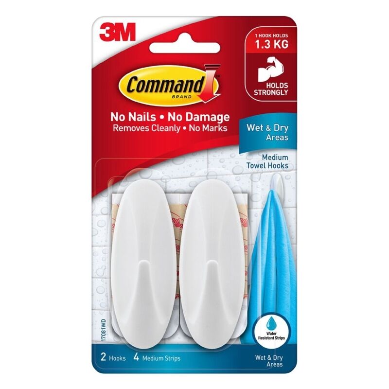 Command Wet & Dry Medium Hooks - Damage-Free for Bathroom (2-Pack) Command