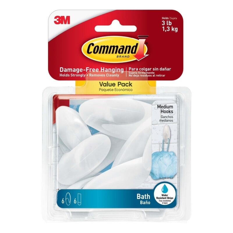 Command Bath Hooks - Damage-Free Wall Hangers (6-Pack) Command