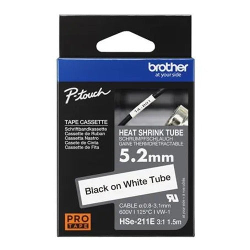 Brother HSE-211E 5.2MM BLACK ON WHITE HEAT SHRINK TUBE CATRIDGE (compatible with PT-E300VP/E550WVP/D - HSE-211E