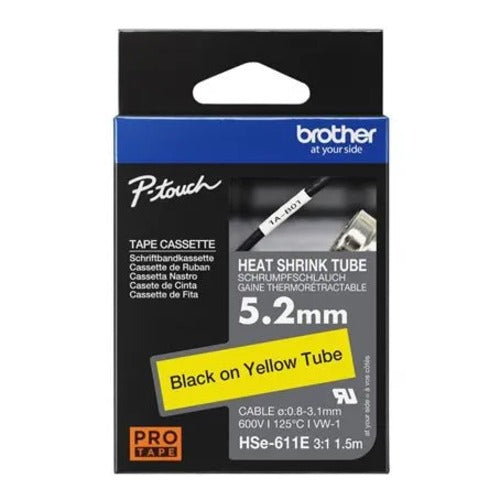 Brother HSE-611E - 5.2MM BLACK ON YELLOW HEAT SHRINK TUBE CATRIDGE 3:1 (compatible with PT-E300VP/E5 - HSE-611E