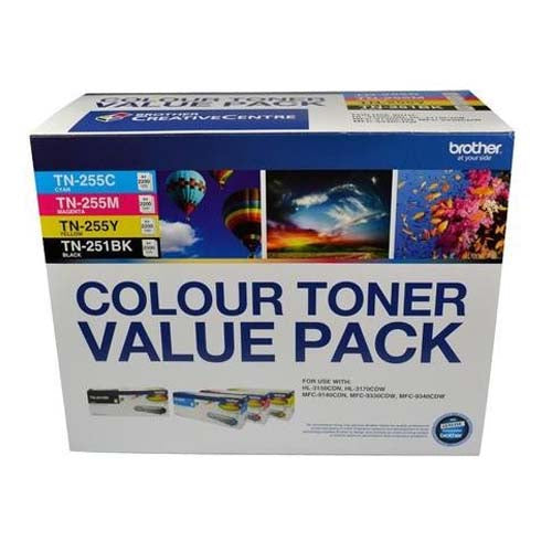 Brother TN-251BK and TN255 Colour Laser Toner Value Pack. Black, Cyan, Magenta, Yellow (8AE00003) TN - TN-251BK-TN-255CMY-4PK