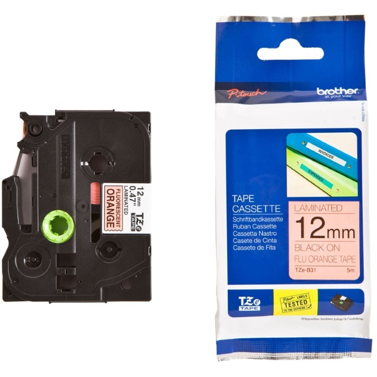Brother 12MM Black On Fluoro Orange TZE Tape TZE-B31