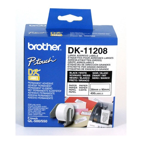 Brother White StandardLarge Address Label 38mmX90mm,400 per roll DK-11208 - DK-11208