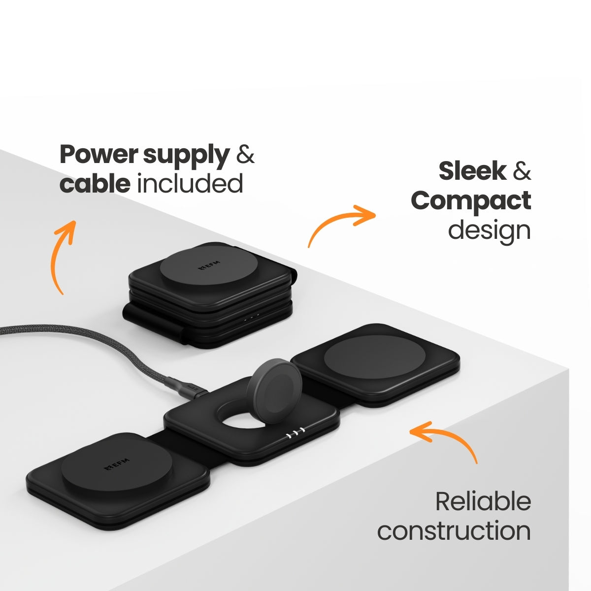 EFM FLUX 3-in-1 Travel Wireless Charger for iPhone, Watch & AirPods EFM