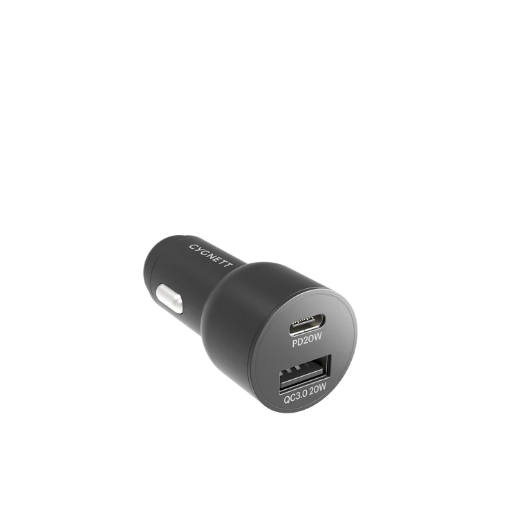Cygnett CarPower 20W Dual Port Car Charger with 20W USB-C PD + 20W QC 3.0 USB-A-Black(CY3637CYCCH), Fast Charge, Max 20W 