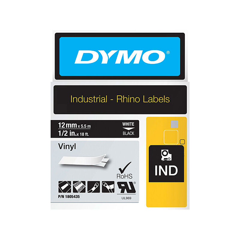 Dymo Rhino 12mm Vinyl Label Tape - White on Black Dymo