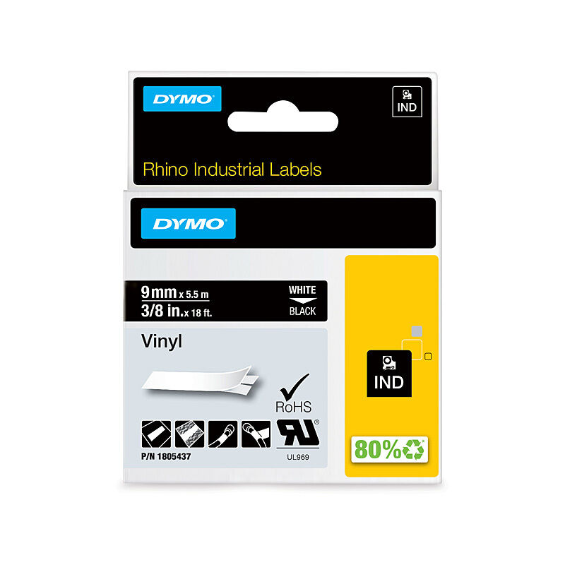 Dymo Rhino 9mm Vinyl Tape - White on Black | Durable Industrial Label Dymo