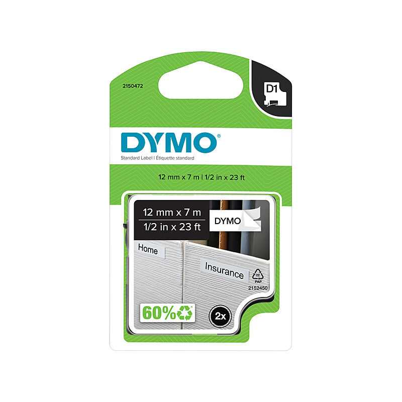 Dymo D1 Label Tape, 12mm x 7m, Black on White, 2-Pack Dymo