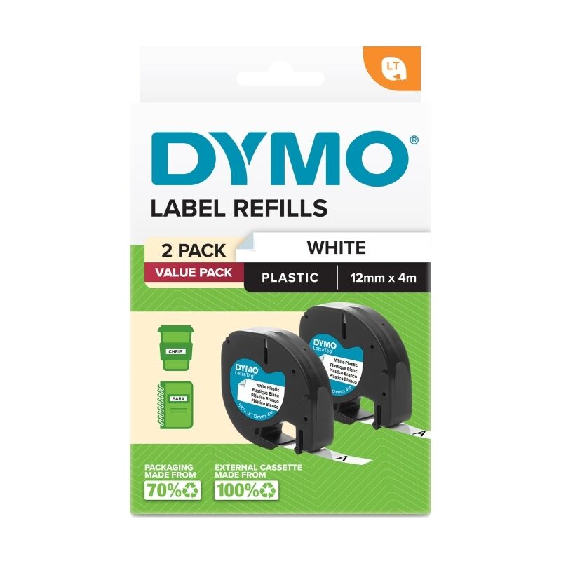 Dymo LetraTag White Plastic Tape 12mm x 4m (2-Pack) Dymo