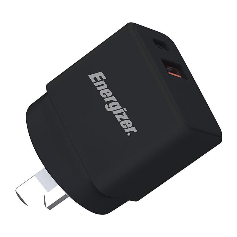 30W GaN Fast Wall Charger | Dual USB-C & USB-A Ports - Black Energizer