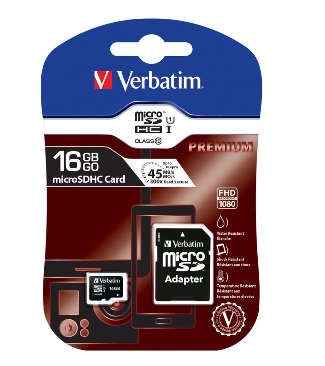 Verbatim 16GB Micro SDHC Class 10 card with SD adapter