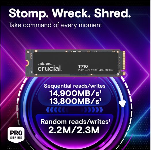 Crucial T710 2TB PCIe Gen5 NVMe SSD - 14500MB/s Read Speed