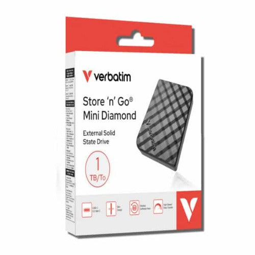 Verbatim 32025 Store’n’Go Mini Diamond SSD USB-C 1TB, USB 3.2 Gen 2, 1000MB/s Read/Write, USB Flash Drive, Ext
