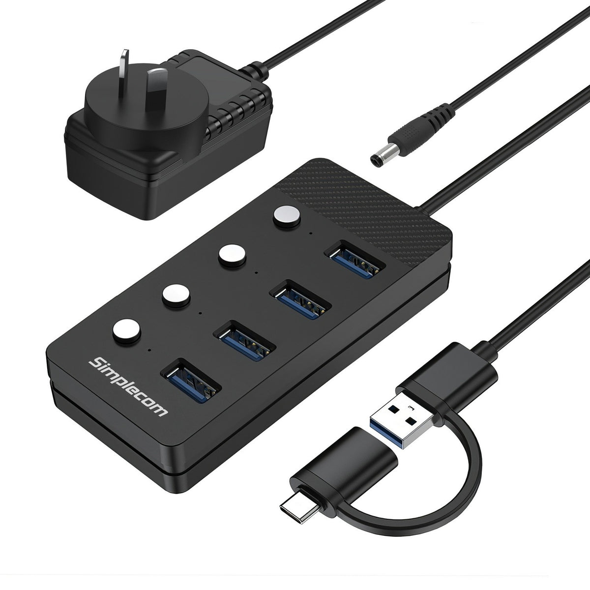 Simplecom SuperSpeed USB-A and USB-C to 4-Port USB 3.0 Hub 5Gbps Individual Switches and Power - Simplecom CH345C