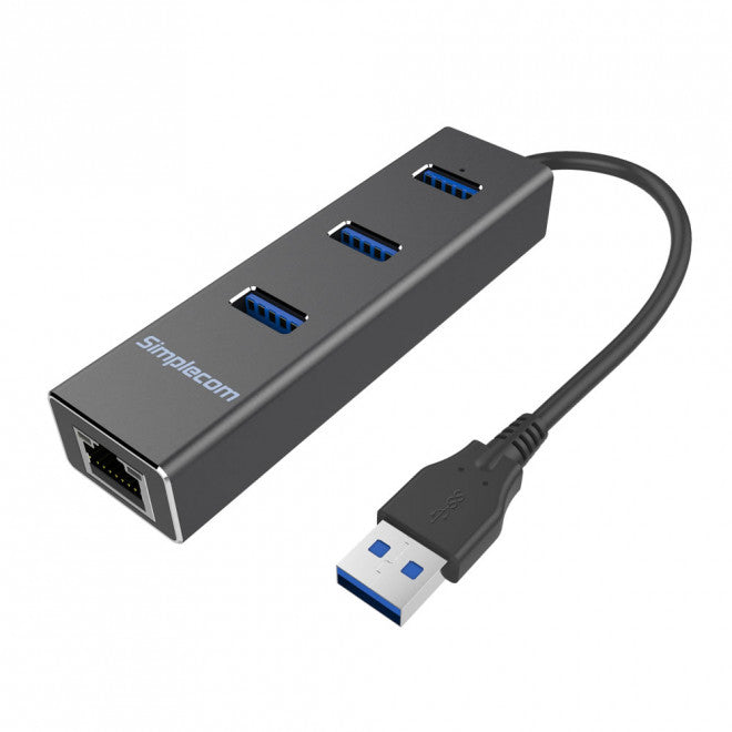 Simplecom (LS)Simplecom CHN410 Black Aluminium 3 Port USB 3.0 HUB with Gigabit Ethernet Adapter - Simplecom CHN410-BLACK