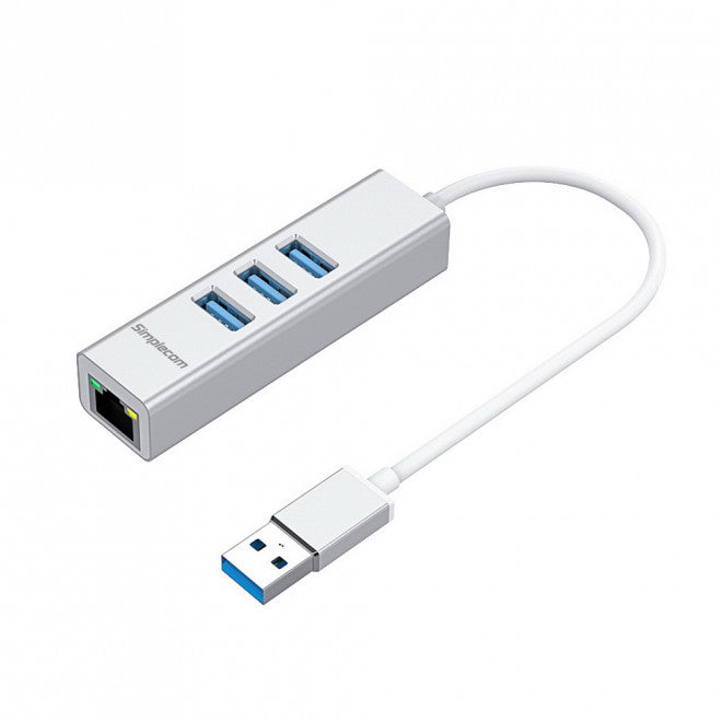 Simplecom CHN420 Silver Aluminium 3 Port SuperSpeed USB HUB with Gigabit Ethernet Adapter - Simplecom CHN420-SILVER