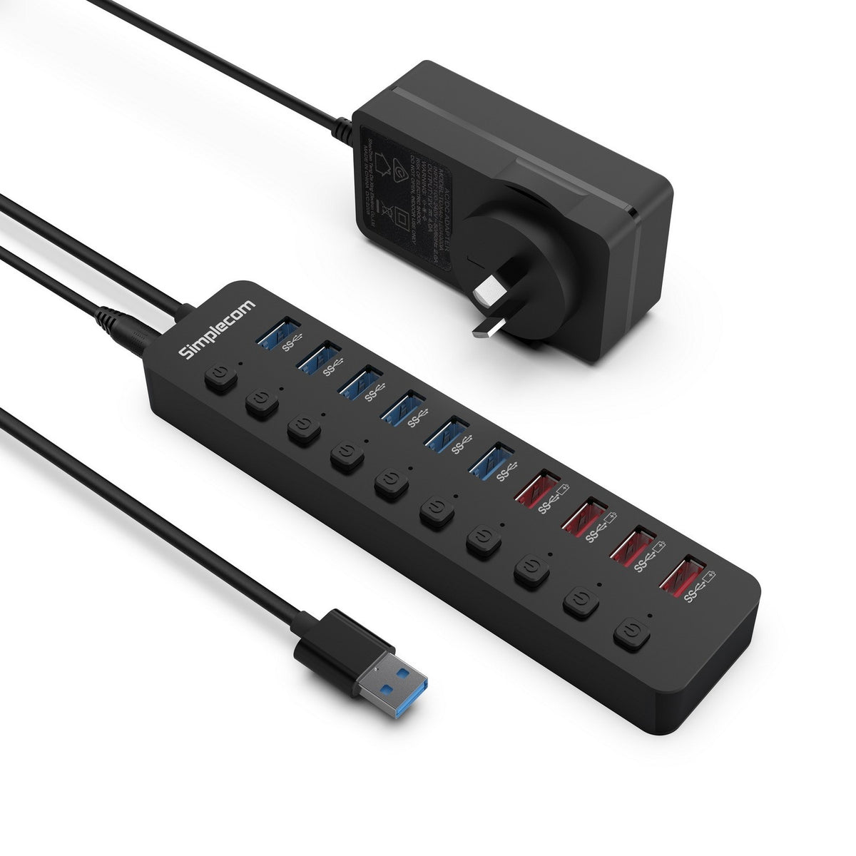 Simplecom 48W 10-Port USB 3.0 Hub and Charger with Individual Switches 12V/4A Power Adapter BC1.2 - Simplecom CHU810