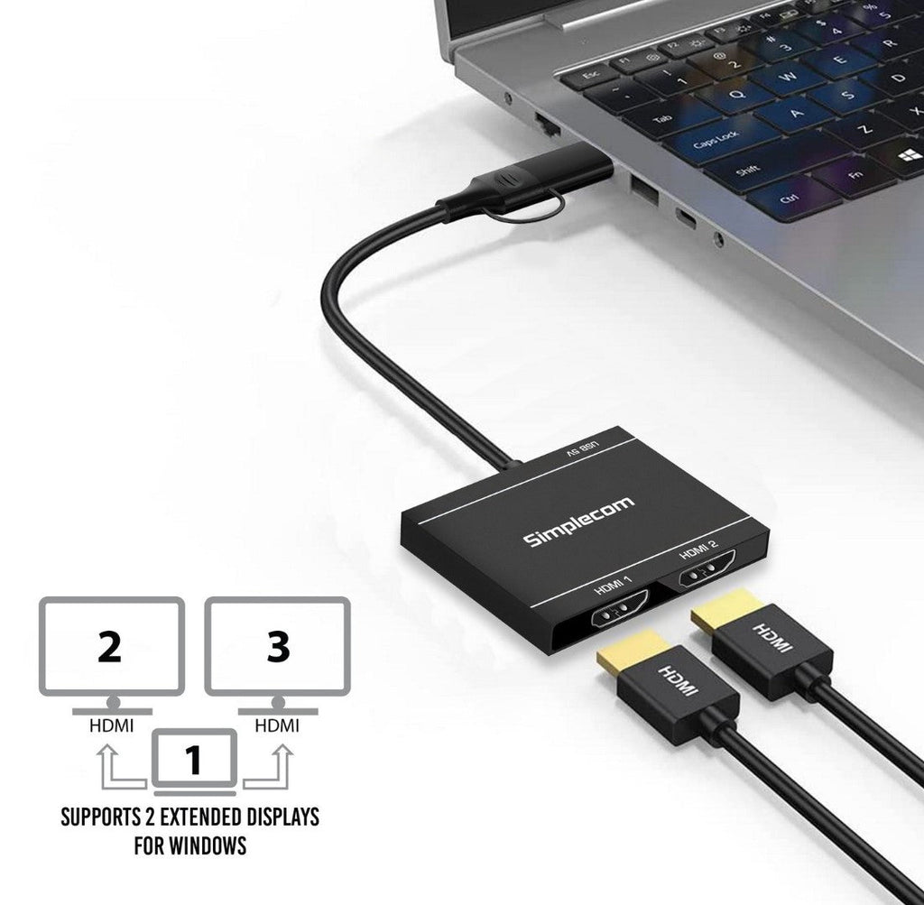 Simplecom DA327 USB-C & USB 3.0 Dual HDMI Adapter | 2x 1080p Screens Simplecom
