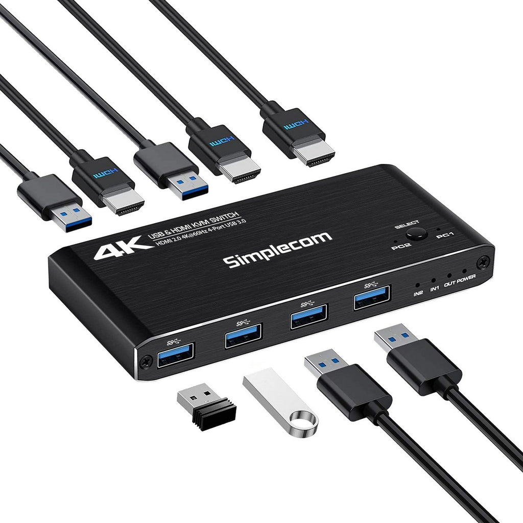 Simplecom KM420 2-Port HDMI KVM Switch for 2 PCs | 4K 60Hz & 4-Port USB 3.0 Hub Simplecom