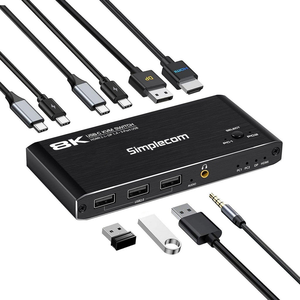 Simplecom KM470 2-Port USB-C KVM Switch 8K HDMI 2.1 DP Docking Station Simplecom
