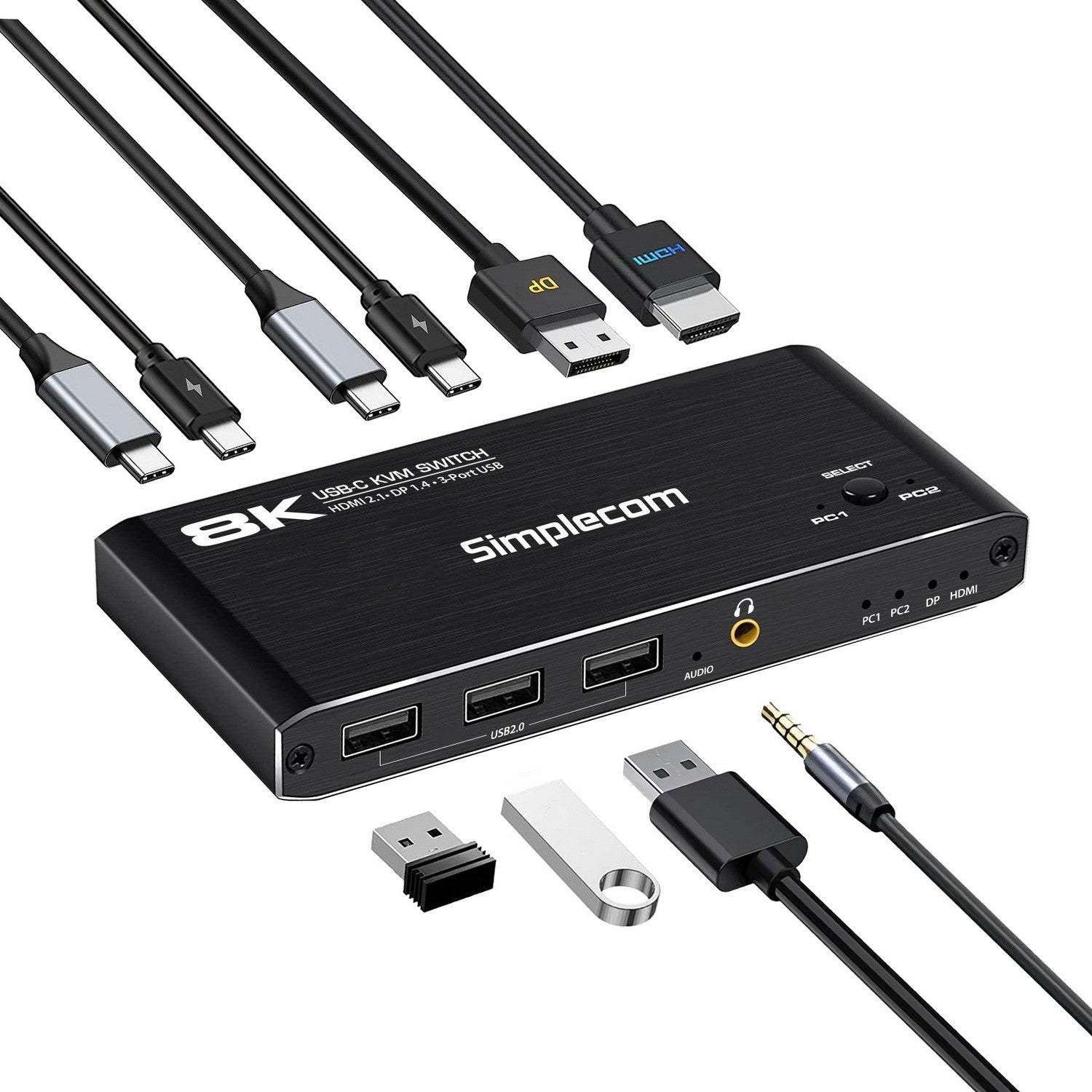 Simplecom KM470 2-Port USB-C KVM Switch 8K HDMI 2.1 DP Docking Station Simplecom
