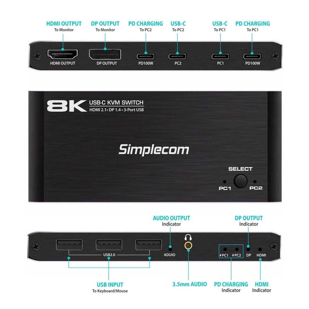 Simplecom KM470 2-Port USB-C KVM Switch 8K HDMI 2.1 DP Docking Station Simplecom