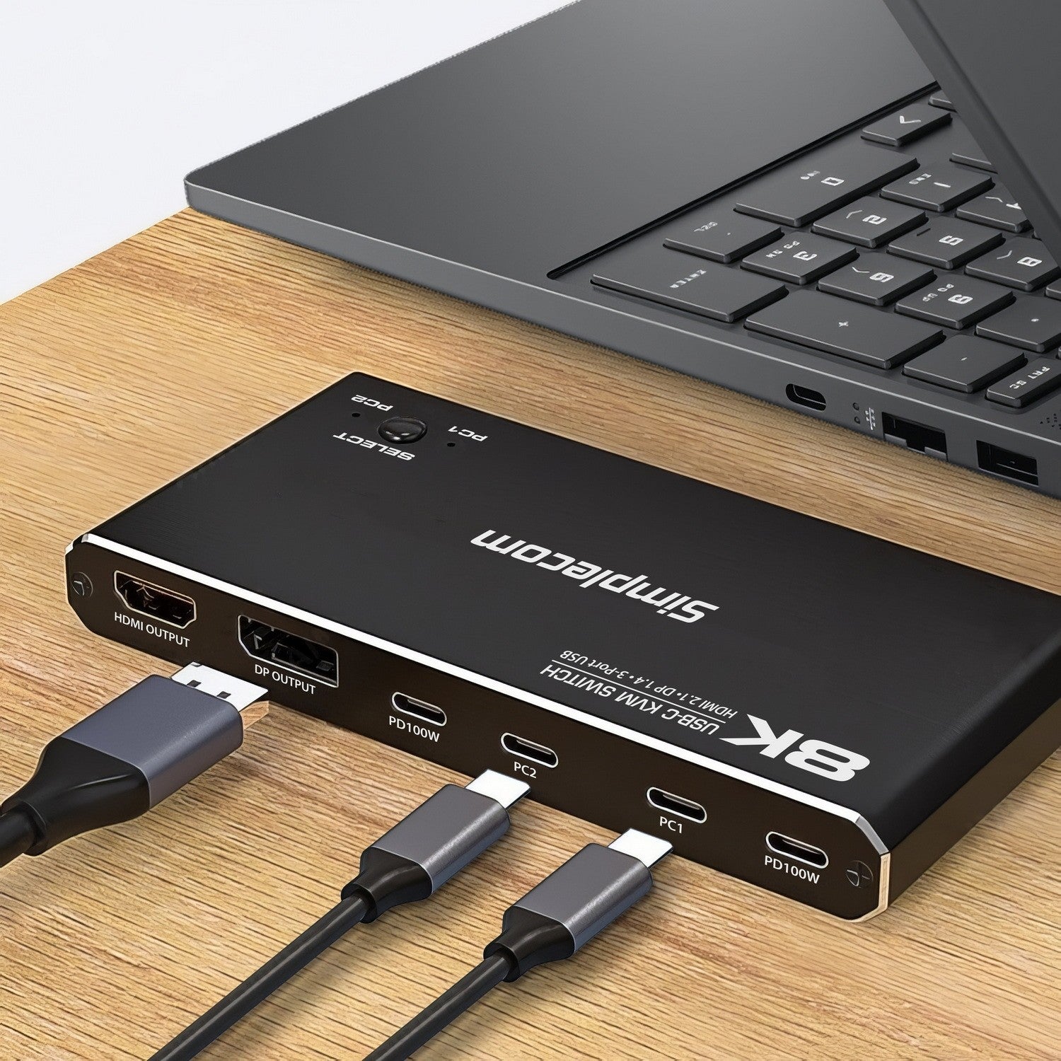 Simplecom KM470 2-Port USB-C KVM Switch 8K HDMI 2.1 DP Docking Station Simplecom