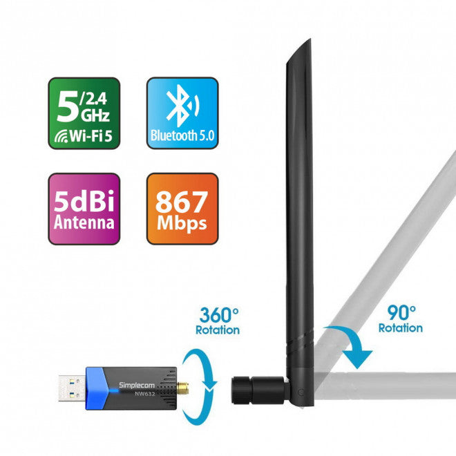 Simplecom NW632 AC1200 Wi-Fi 5 + Bluetooth 5.0 USB Adapter for PC
