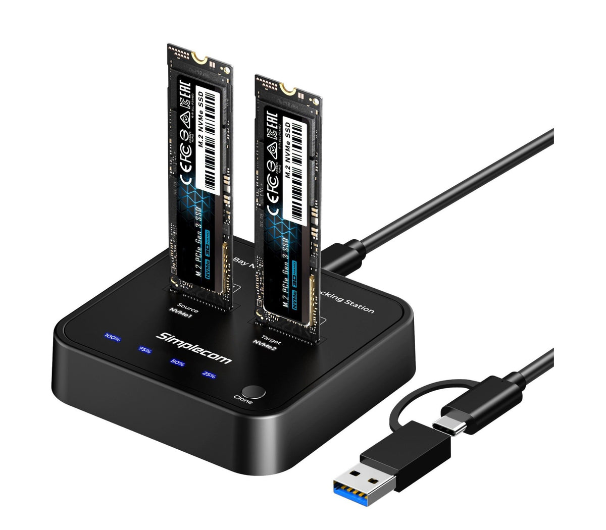 Simplecom SD550v3 USB 3.2 Gen2 to Dual Bay NVMe M.2 SSD Docking Station Duplicator Offline Clone - SD550v3