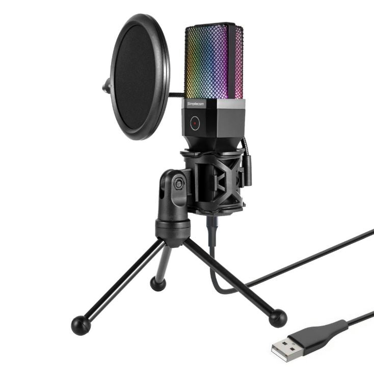 Simplecom UM650 USB Cardioid Condenser Microphone Gaming RGB Lights with Tripod & Pop Filter - UM650