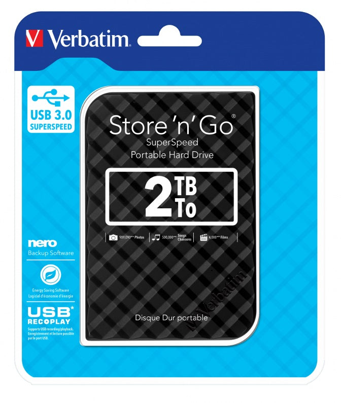 Verbatim Store 'n' Go 2TB USB 3.0 Portable Hard Drive - Black Verbatim