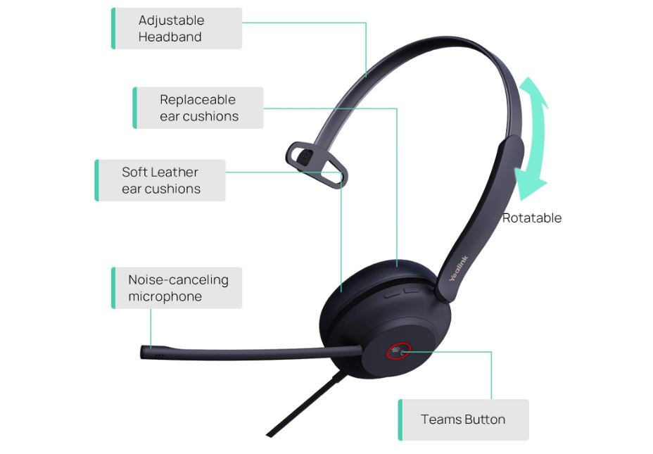Yealink UH37 Teams Certified USB-C Mono Headset | Noise Cancelling Yealink