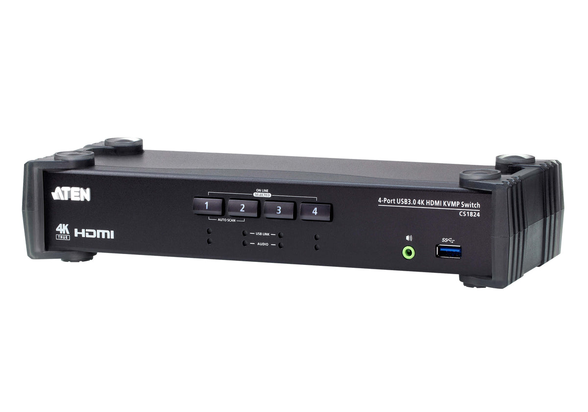 Aten Desktop KVMP Switch 4 Port Single Display 4k HDMI w/ audio mixer mode, Cables Included, Selecti - CS1824-AT-U