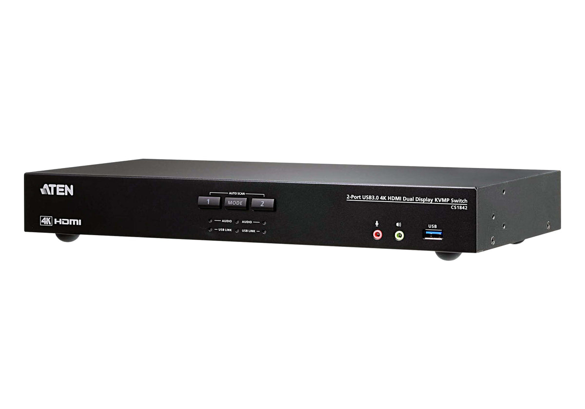 Aten Desktop KVMP Switch 2 Port Dual Display 4k HDMI w/ audio, Cables Included, 2x USB Port, Selecti - CS1842-AT-U