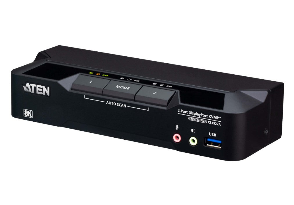 Aten 2-Port USB 3.0 8K DisplayPort KVMP™ Switch, Up to 7680 × 4320 @ 60 Hz, 5120 × 2880 @ 60 Hz, Sup - CS1922A-AT-U