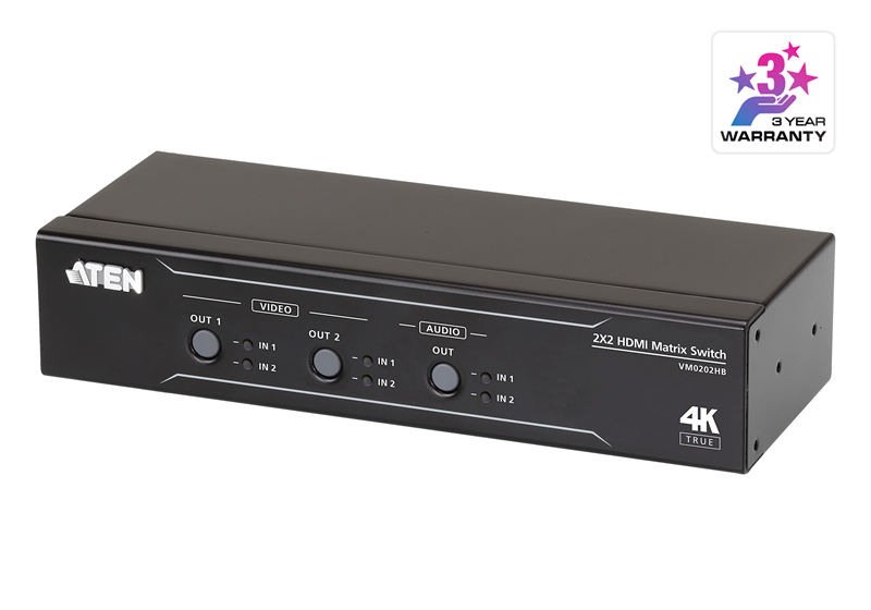 Aten VM0202HB 2x2 True 4K HDMI Matrix Switch with audio de-embedder, supports control via pushbutton - VM0202HB-AT-U