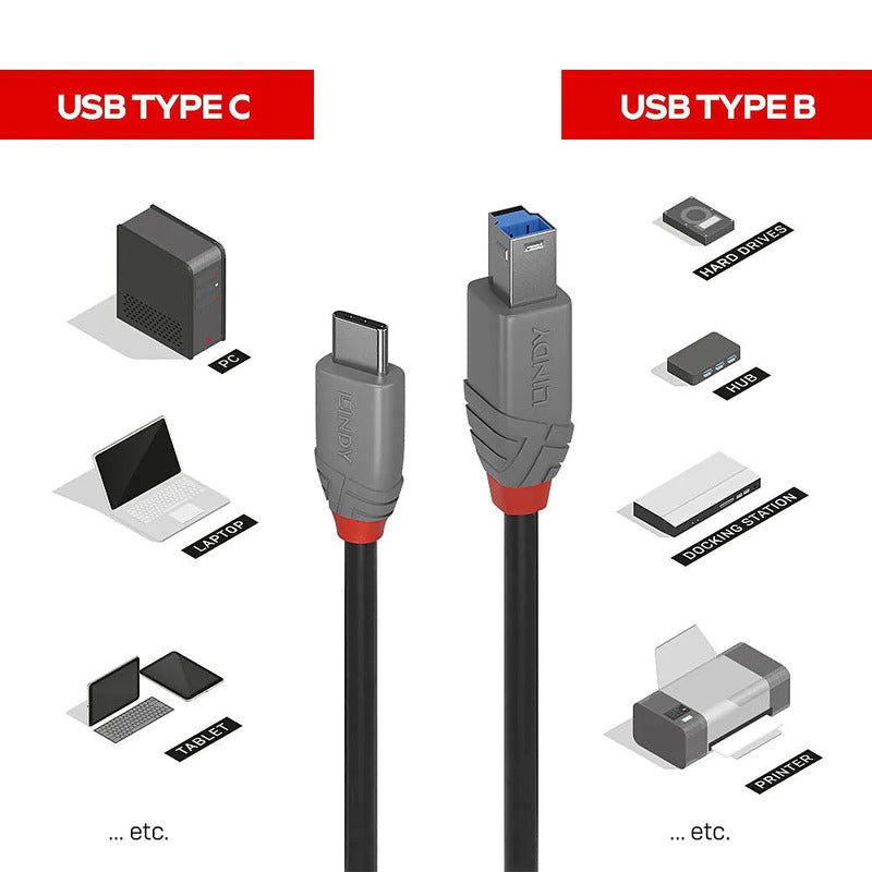 Lindy 3m USB-C to USB-B Cable | Fast 5Gbps Data Transfer Lindy