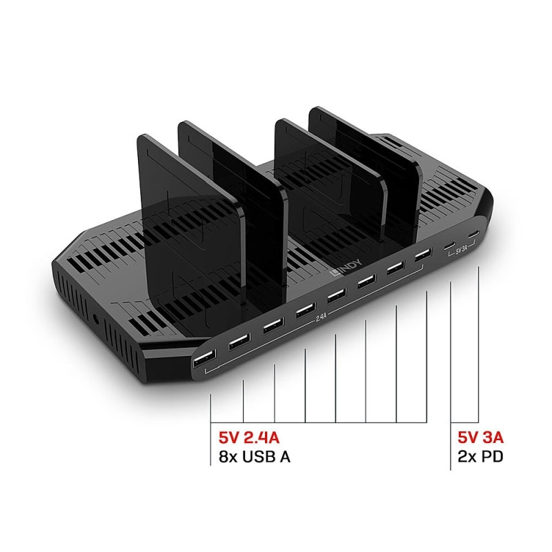 Fast 10 Port USB Charging Station - 120W Multi-Device Charger Lindy