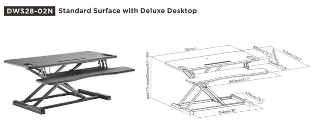 Brateck Gas Spring Sit Stand Desk Converter (950x615x110~505mm)with Keyboard Tray Deck(Standard MDF 