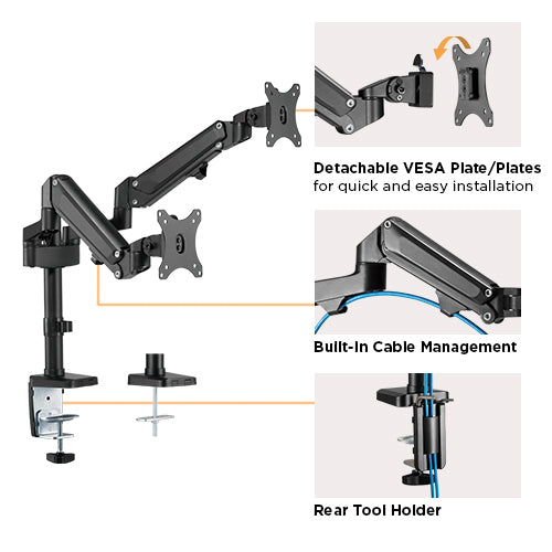Brateck Heavy-Duty Dual Monitor Gas Spring Arm | 17-32 Screens Brateck