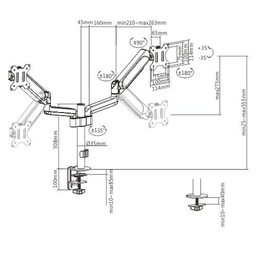 Brateck Dual Monitor Pole Mount | Gas Spring Arm for 17-32 Screens Brateck