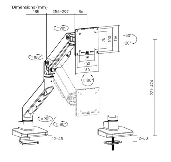 Brateck LDT81 Heavy-Duty Gas Spring Monitor Arm (17-49) - Black Brateck