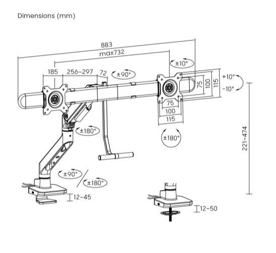 Brateck LDT81 Dual Gas Spring Monitor Arm w/ USB Ports (17-32) Brateck