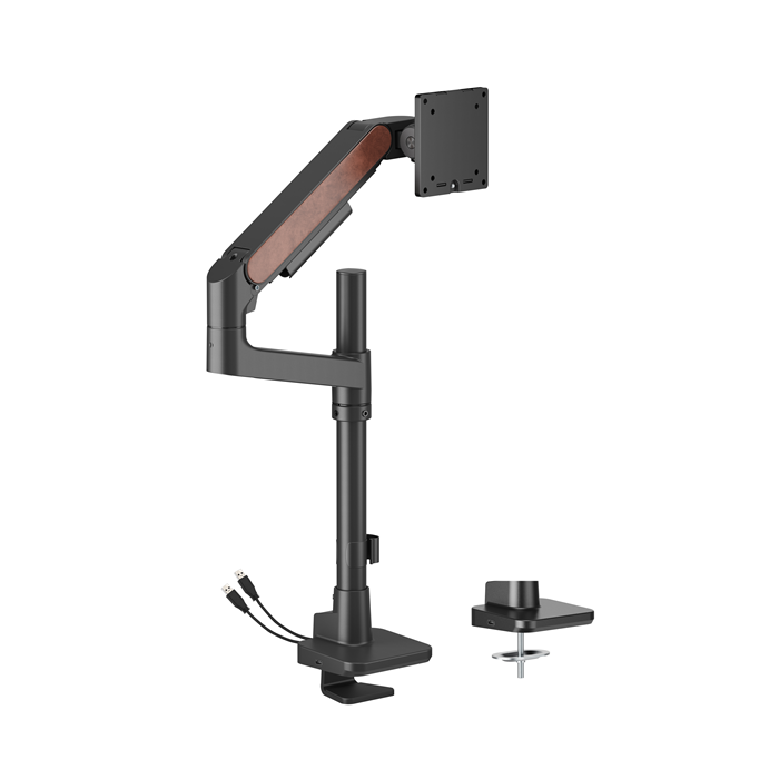 Brateck LDT81N-C012UCP Fusion Heavy-Duty Pole-Mounted Gas Spring Monitor Arm with USB-A/USB-C Ports - LDT81N-C012UCP-BLK