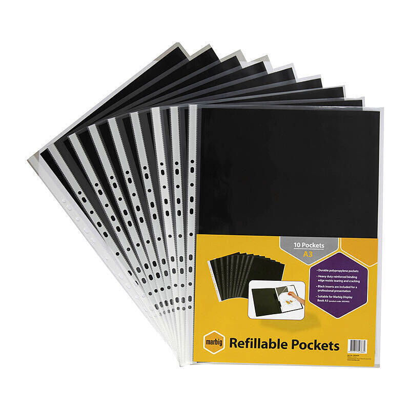 Marbig A3 Display Book Refill Pockets - Pack of 10 Clear Sleeves Marbig