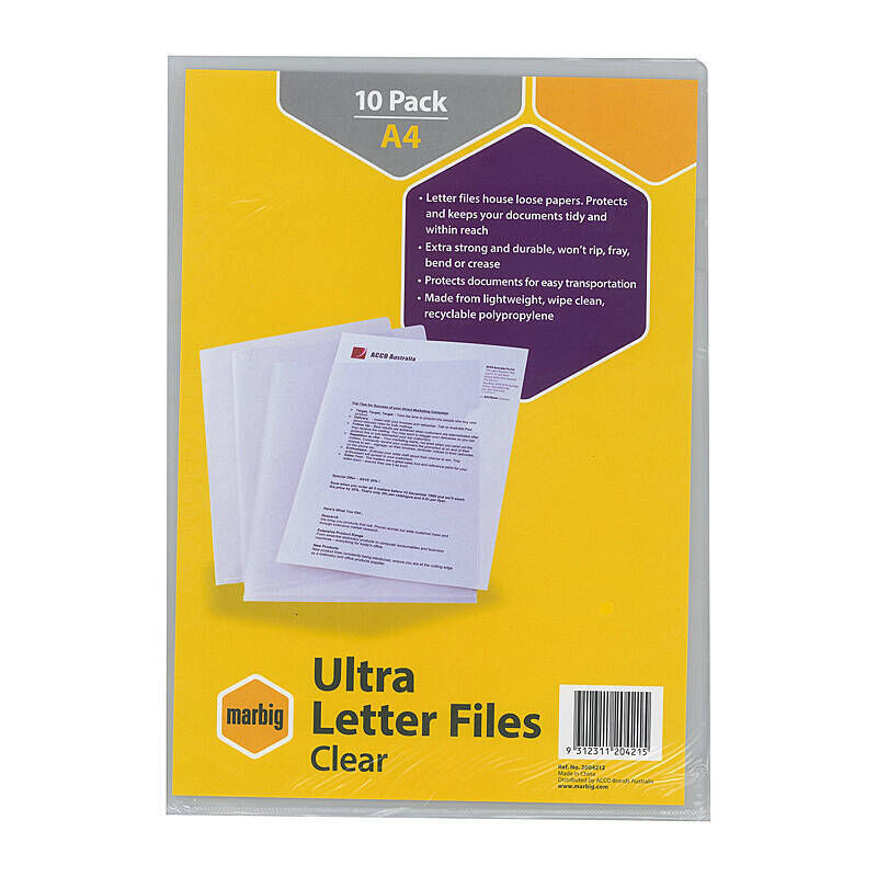 Marbig A4 Ultra Clear Letter Files - Pack of 10 Document Protectors Marbig